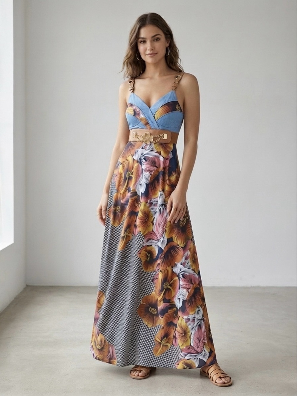 KESSLEY Floral Chambray Maxi Dress Faux Leather Belt Size M